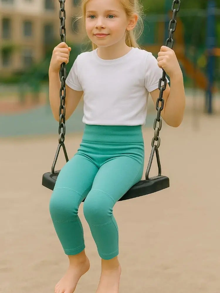 kinder sport leggings grün aqua bio baumwolle mit verstärktem knie
